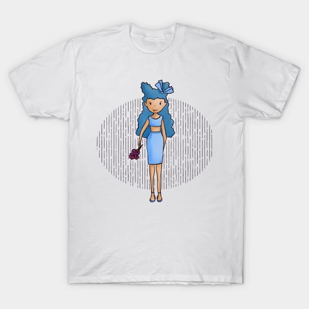 Cute blue haired girl with a blue outfit and holding a bunch of flowers in her hand T-Shirt by Sissely
